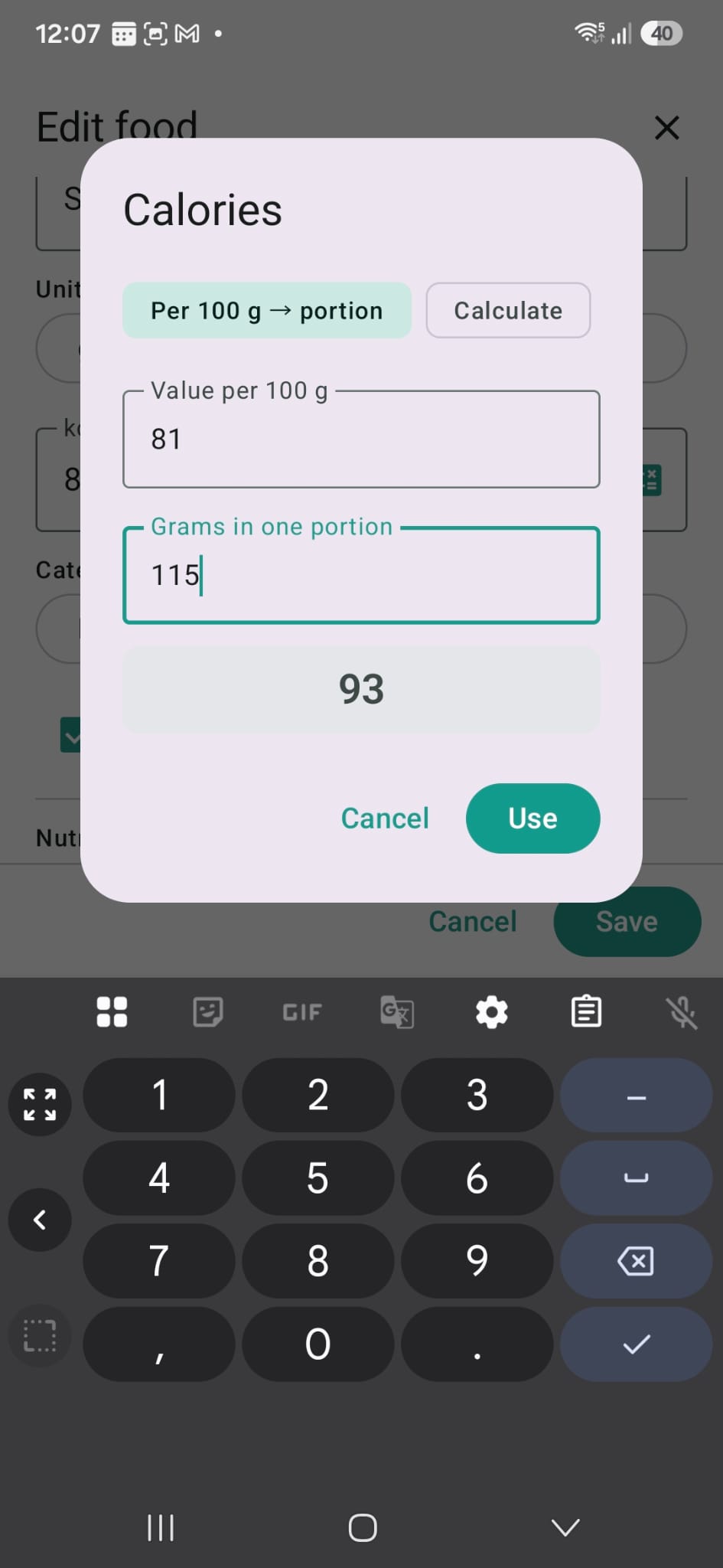 Cooshee Calorie Tracker: unit converter showing a per-100g figure converted to per-item