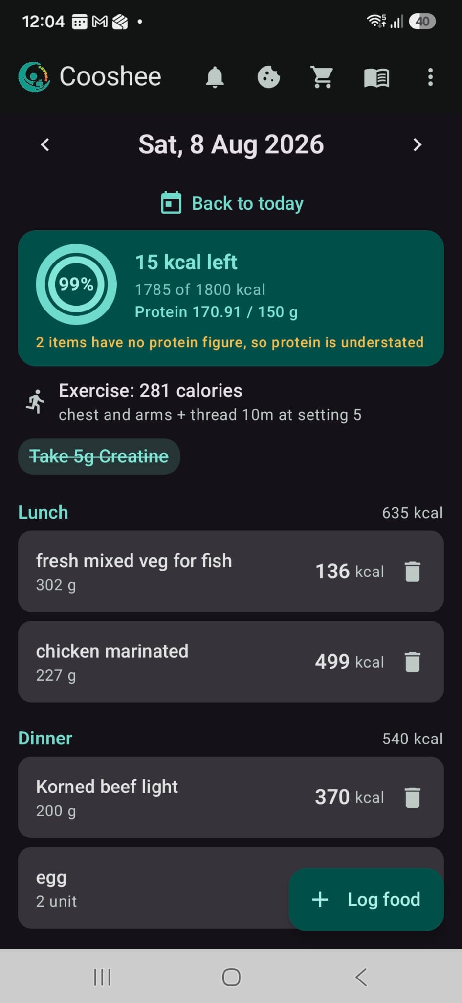 Cooshee Calorie Tracker: day view showing calorie total and food entries