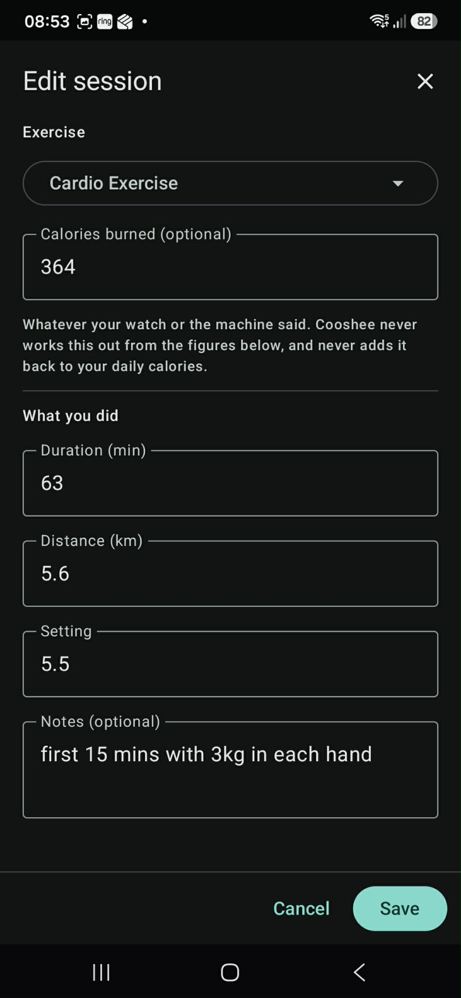 Cooshee Calorie Tracker: exercise log showing sets, reps, weight and session duration
