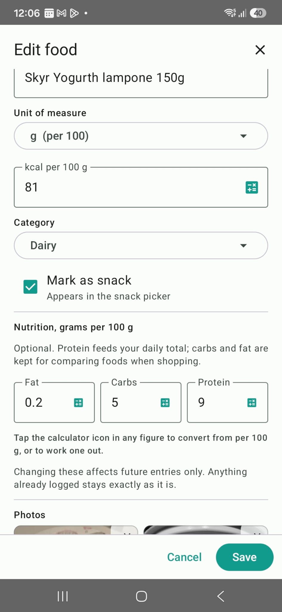 Cooshee Calorie Tracker: food detail screen showing calories, protein, photos and log history