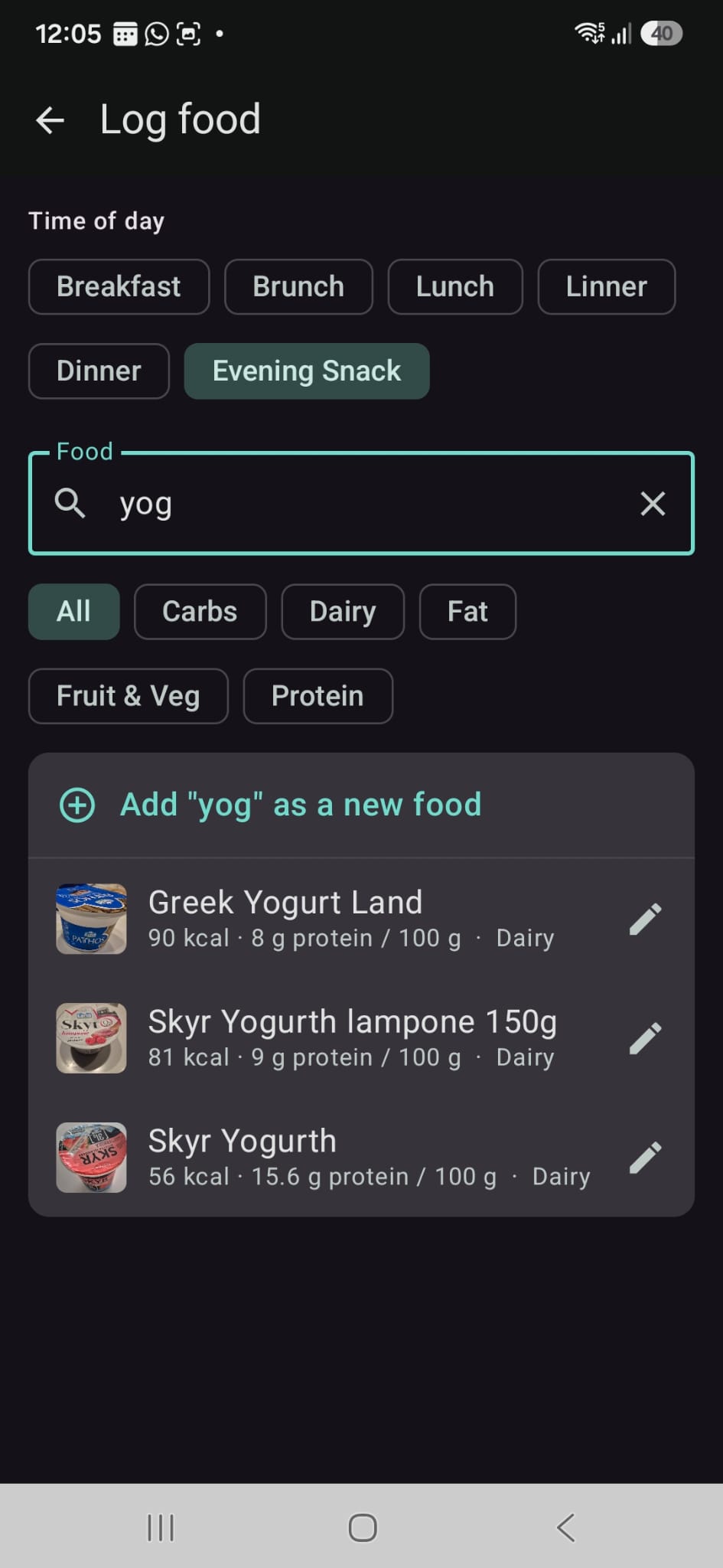 Cooshee Calorie Tracker: search bar showing food suggestions as you type