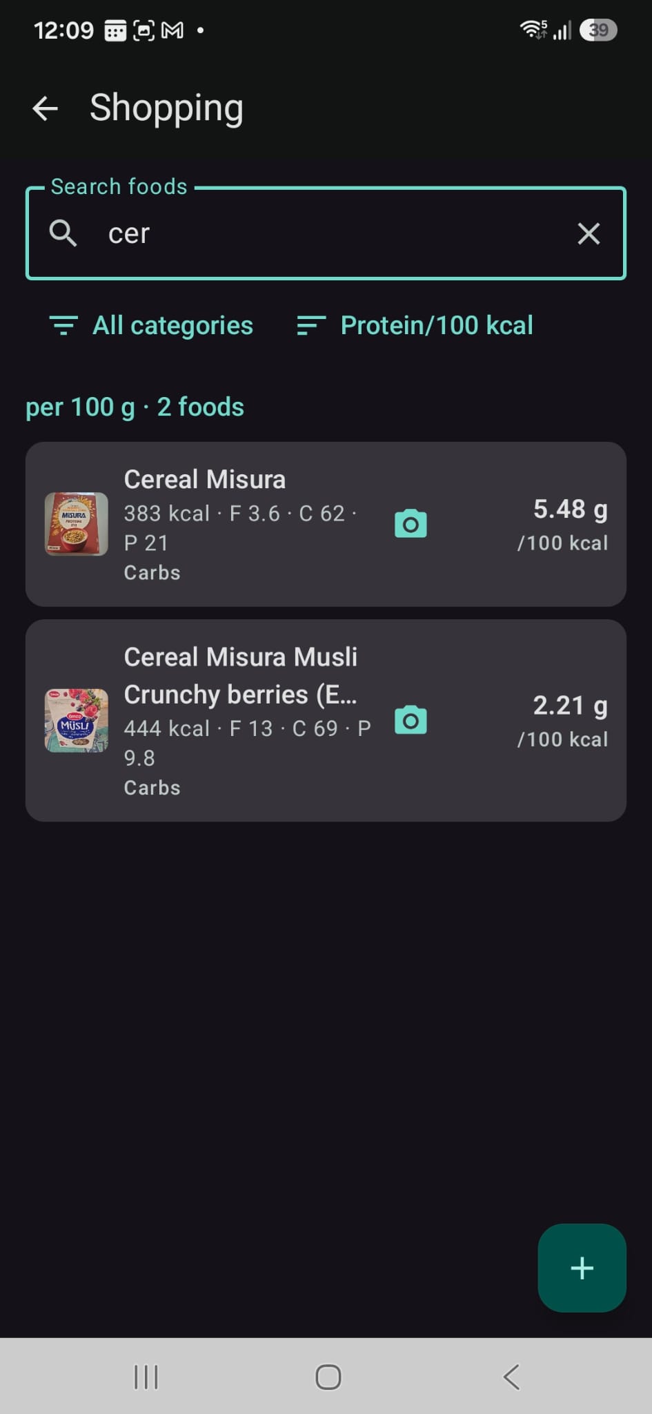 Cooshee Calorie Tracker: shopping screen ranking foods by protein density per 100 kcal